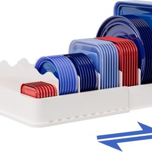 SWOMMOLY Expandable Food Storage Container Lid Organizer. Includes 6 Adjustable Dividers. 30 Preprinted and Blank Writable Labels. White