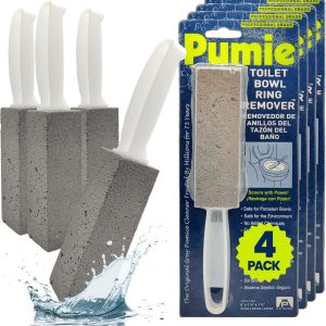 PUMIE Pumice Stone Toilet Bowl Cleaner (4-Pack) - Toilet Pumice Stone with Handle - Heavy Duty Scouring Stick for Rings. Bowls. Hard Water Stains. Lime. Rust. Sink - Includes Handle for Easy Use